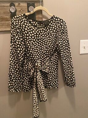 J. Crew Black and Cream Polka Dot Tie-Waist Long Sleeve Top